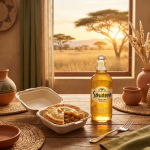 Brett's Biltong meat pie on a wooden table with a Savanna Dry cider, framed by a sunlit South African savanna outside the window